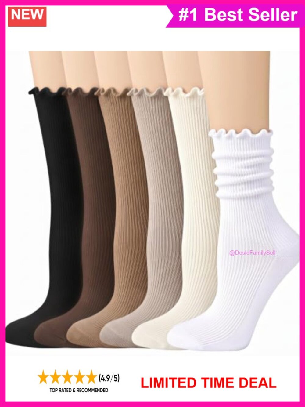 6 Pairs Ruffle Socks Cute Frilly Combed Cotton Crew Slouch Boot Socks Women